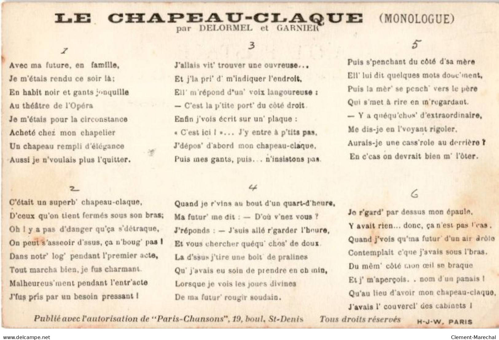 CHANSONS: Le Chapeau-claque - état - Música Y Músicos