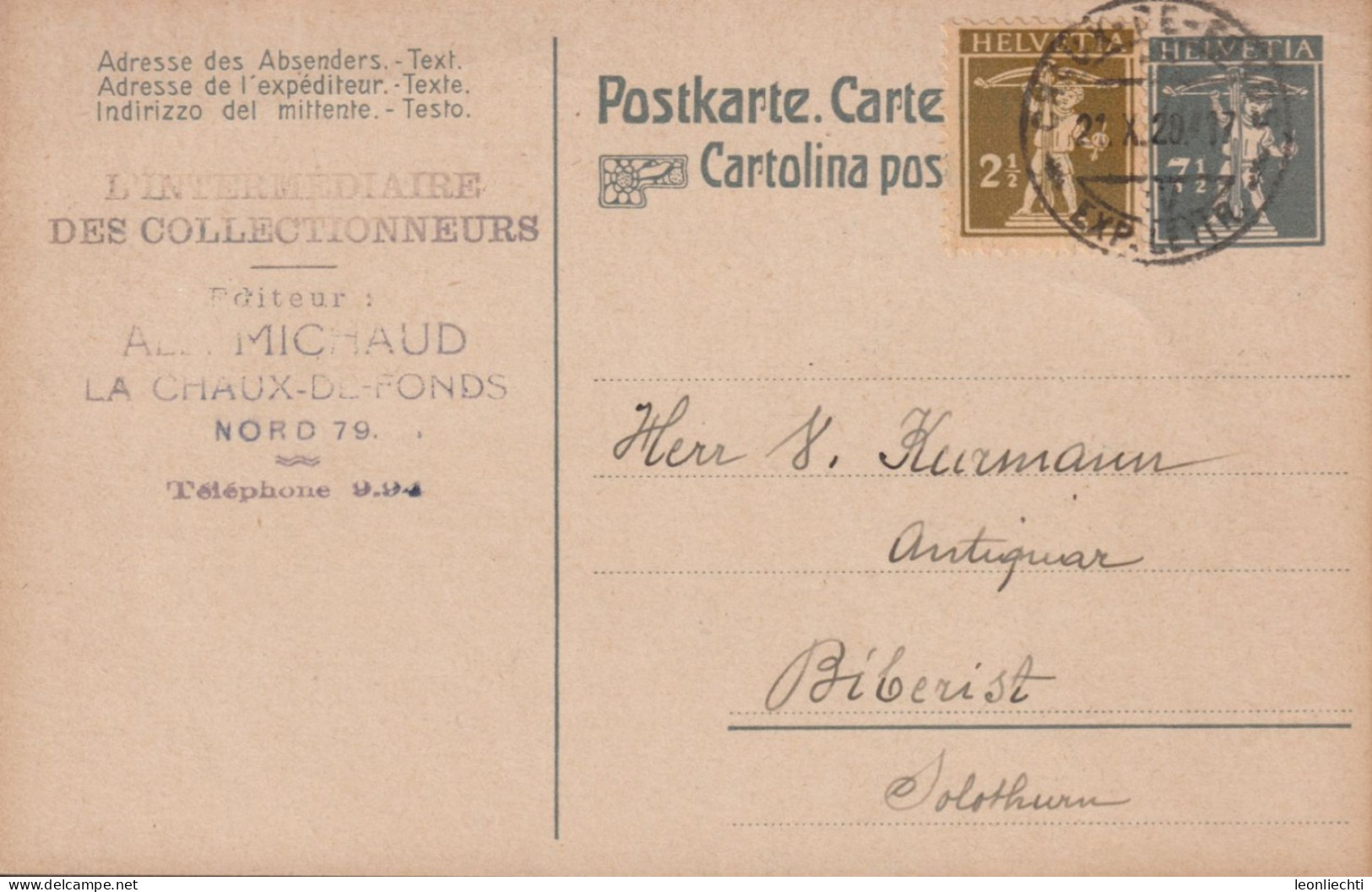 1918, Ganzsache Postkarte , Zum: 68 71/2 Cts, T.ll+ 169 Tell Knabe, ⵙ LACHAUX DE FONDS - Ganzsachen