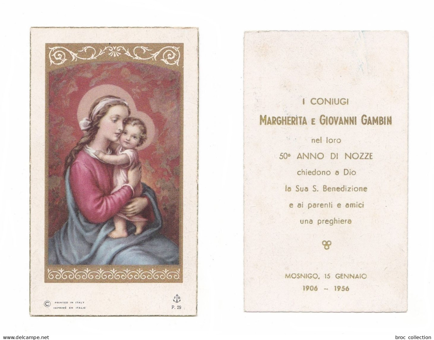 Mosnigo, 50° Anno Di Nozze Di Margherita E Giovanni Gambin, 1956, Vierge à L'Enfant, éd. F. B. P. 29 - Andachtsbilder