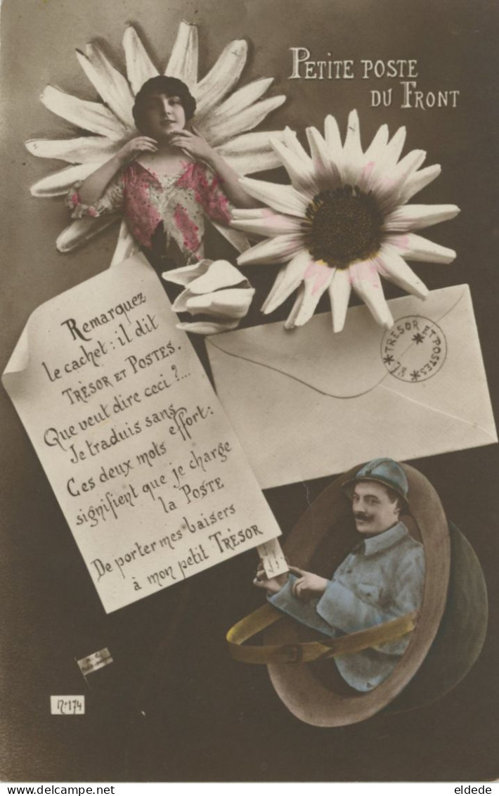 Surrealisme Montage La Poste Du Front Guerre 1914 Homme Dans Casque Femme Dans Fleur Tresor Postes - Poste & Postini