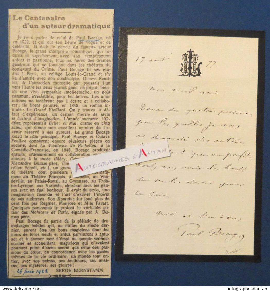 ● L.A.S 1877 Paul BOCAGE (Paul Romain Touzé Dit) Romancier Librettiste Né à Paris - Billet Lettre Autographe - Théâtre - Ecrivains