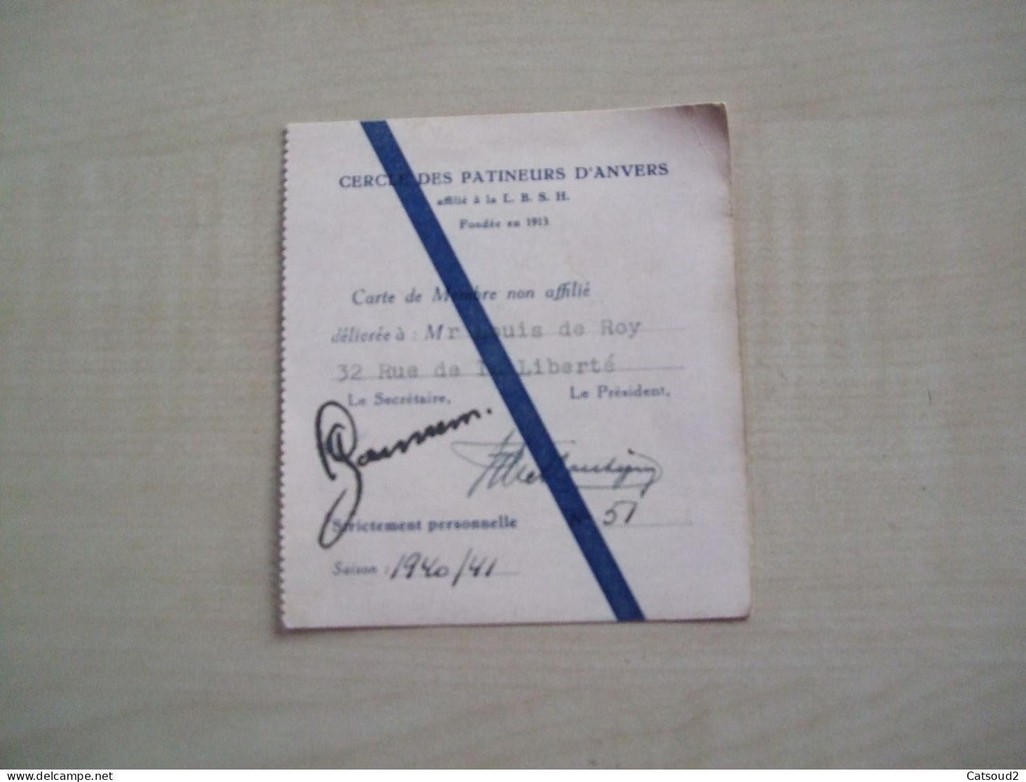 Carte De Membre Ancienne 1940/41 CERCLE DES PATINEURS D'ANVERS - Tarjetas De Membresía