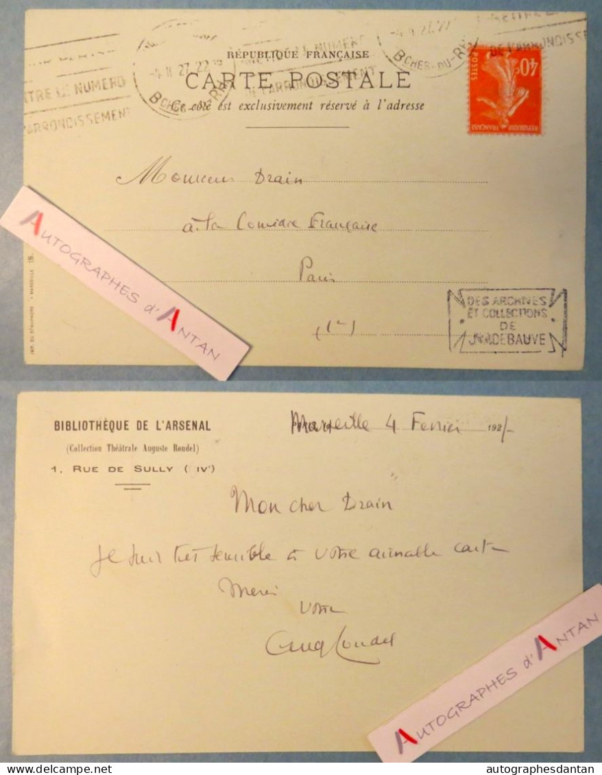 ● Auguste RONDEL Polytechnicien Banquier Bibliothèque De L'Arsenal - Marseille 1921 Carte Lettre Drain Comédie Française - Historische Personen