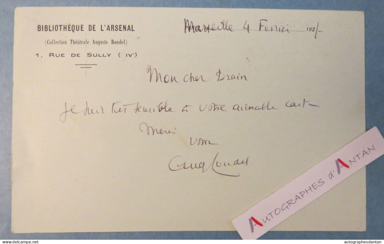 ● Auguste RONDEL Polytechnicien Banquier Bibliothèque De L'Arsenal - Marseille 1921 Carte Lettre Drain Comédie Française - Historical Figures