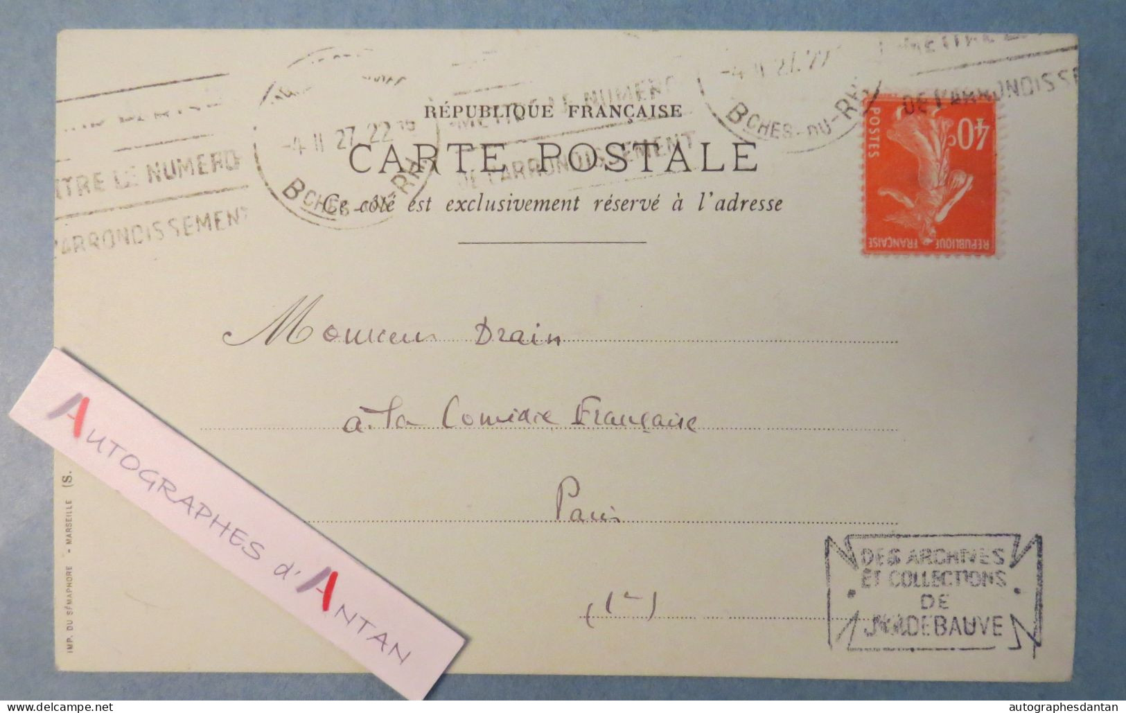 ● Auguste RONDEL Polytechnicien Banquier Bibliothèque De L'Arsenal - Marseille 1921 Carte Lettre Drain Comédie Française - Personajes Historicos