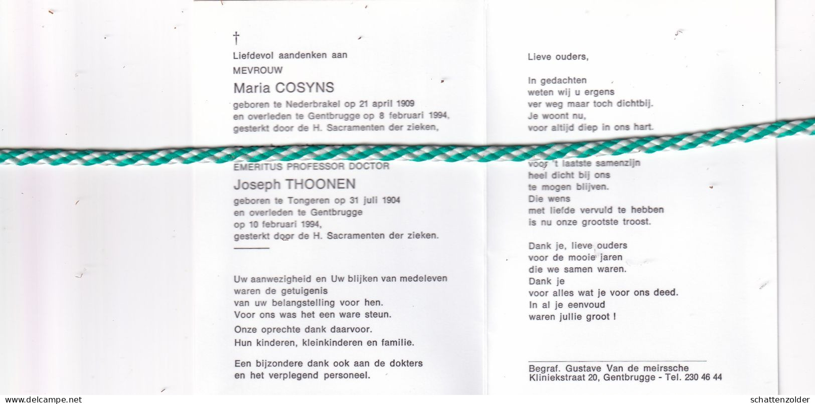 Maria Cosyns (Nederbrakel 1909) En Joseph Thoonen (Emeritus Professor, Tongeren 1904), Gentbrugge 1994. Foto - Décès