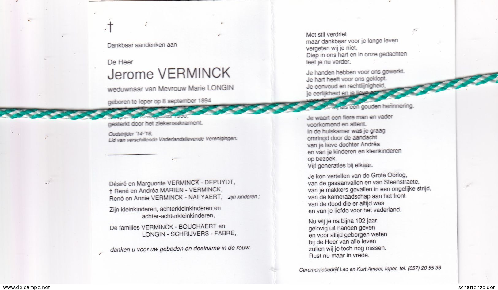 Jerome Verminck-Longin, Ieper 1894, 1996. Honderdjarige, Oud-Strijder 14-18. Foto - Todesanzeige