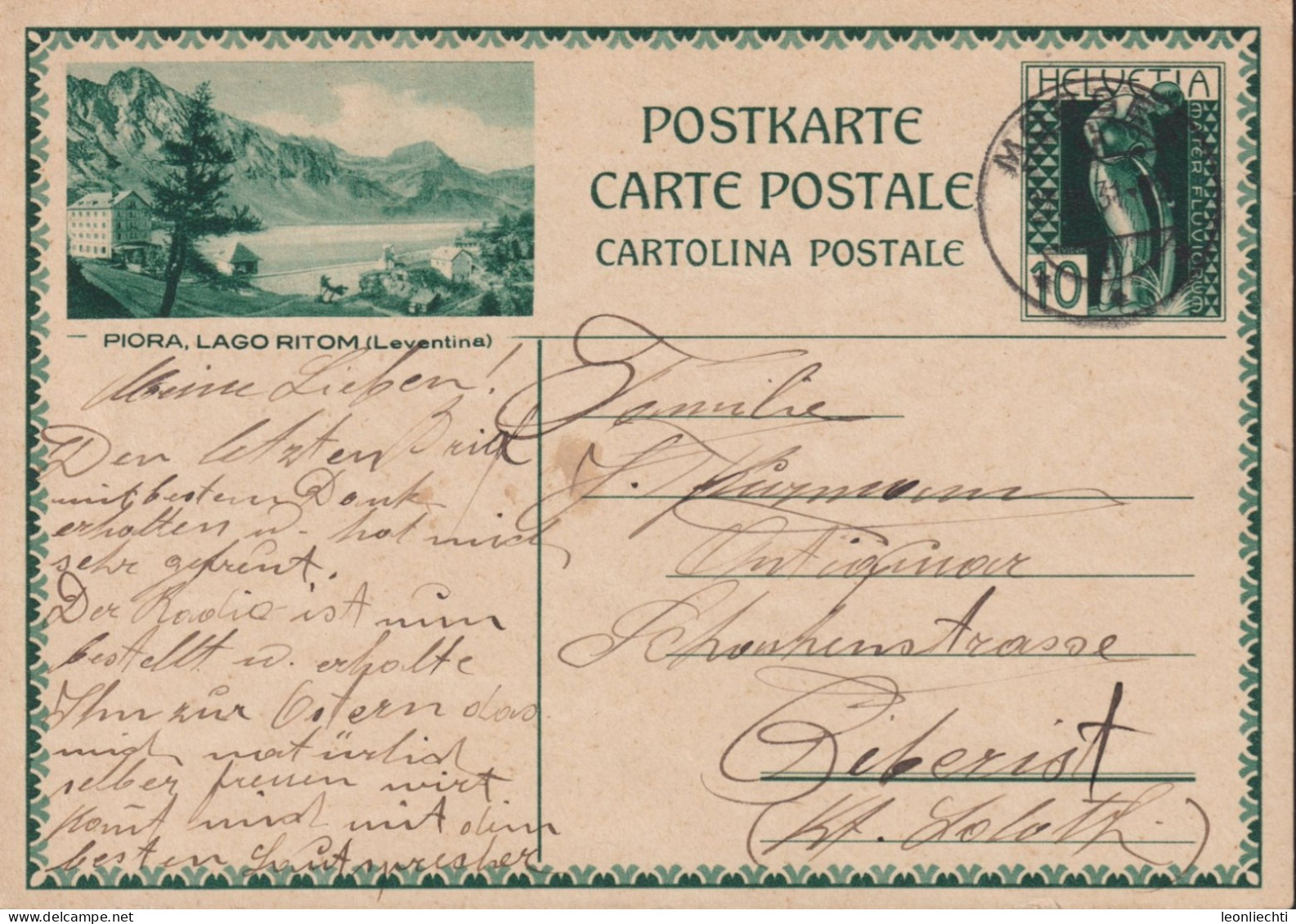 1929  Ganzsache Postkarte, ⵙ Zum:122-025, Wertstempel "Mater Fluviorum", PIORA, LAGO RITOM, ( Leventina) - Ganzsachen