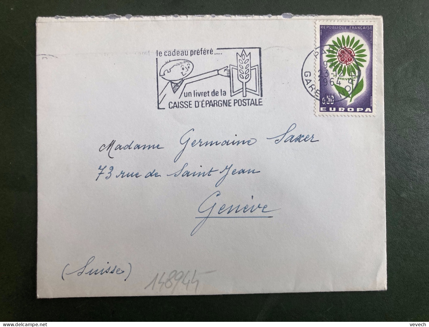 LETTRE Pour La SUISSE TP YT 1431 EUROPA 0,50 OBL.MEC.23-12 1964 PARIS GARE DU NORD - Storia Postale