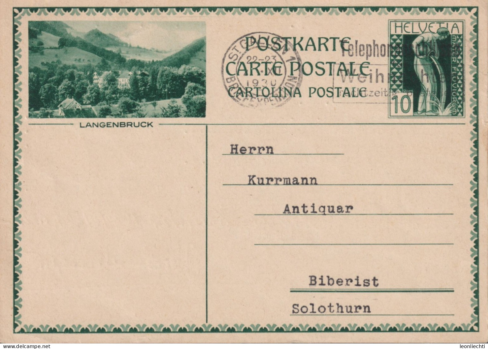 1929  Ganzsache Postkarte, ⵙ Zum:122-017, Wertstempel "Mater Fluviorum", LANGENBRUCK - Ganzsachen