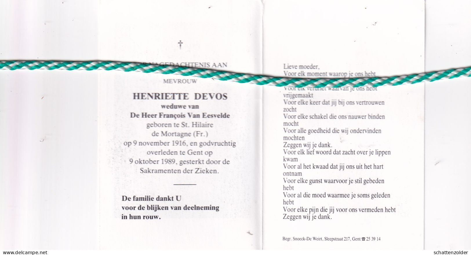 Henriette Devos-Van Eesvelde, St. Hilaire De Mortagne (Fr) 1916, Gent 1989. Foto - Todesanzeige