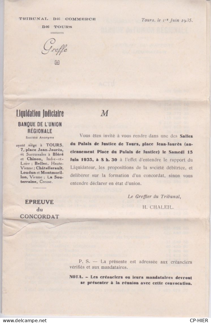 37 - TOURS RP - PP - FLAMME - COURRIER DU TRIBUNAL DE COMMERCE DE TOURS LIQUIDATION BANQUE DE L'UNION REGIONALES - Non Classés