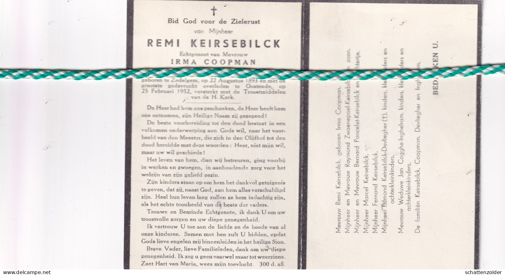 Remi Keirsebilck-Coopman, Zedelgem 1893, Oostende 1952. Meester-Schilder - Décès