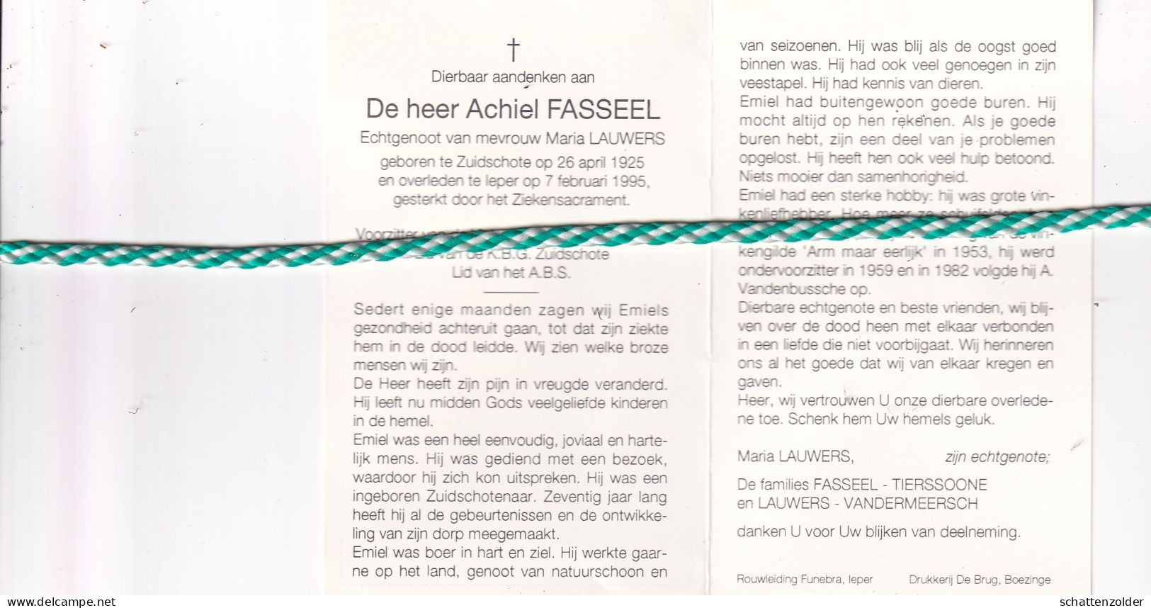 Achiel Fasseel-Lauwers, Zuidschote 1925, Ieper 1995 - Obituary Notices