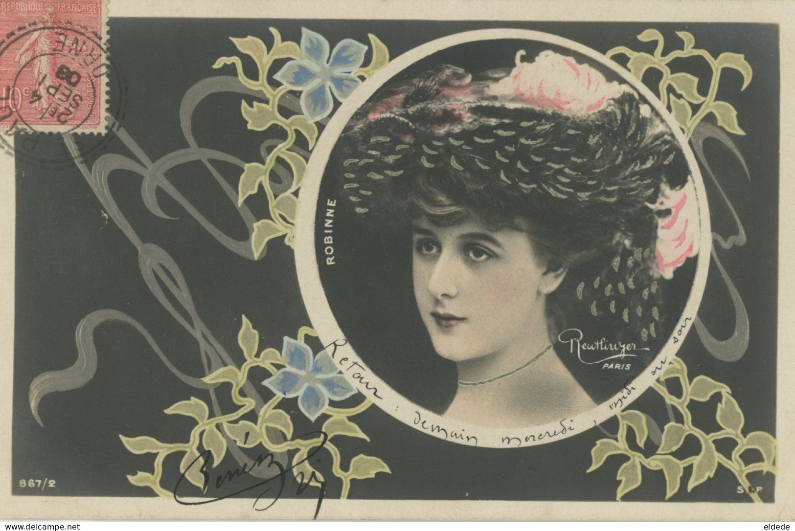 Decor Art Nouveau Actrice Robinne Née à Montluçon Envoi Horloger Bellou En Houlme Orne - Antes 1900
