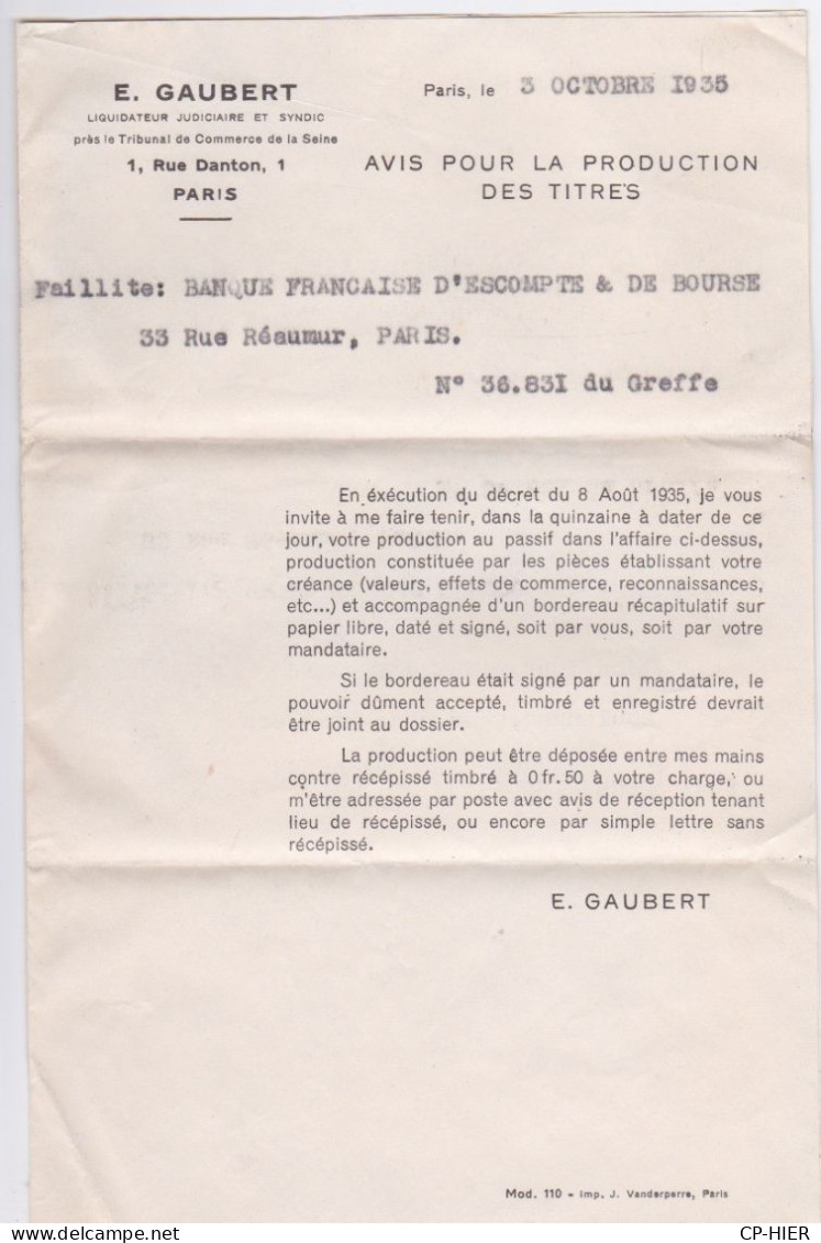 LIQUIDATEUR JUDICIAIRE  - LETTRE E. GAUBERT PARIS RUE DANTON + FLAMME - AILLITE BANQUE FRANNÇAISE D ESCOMPTE & ET BOURSE - Sin Clasificación