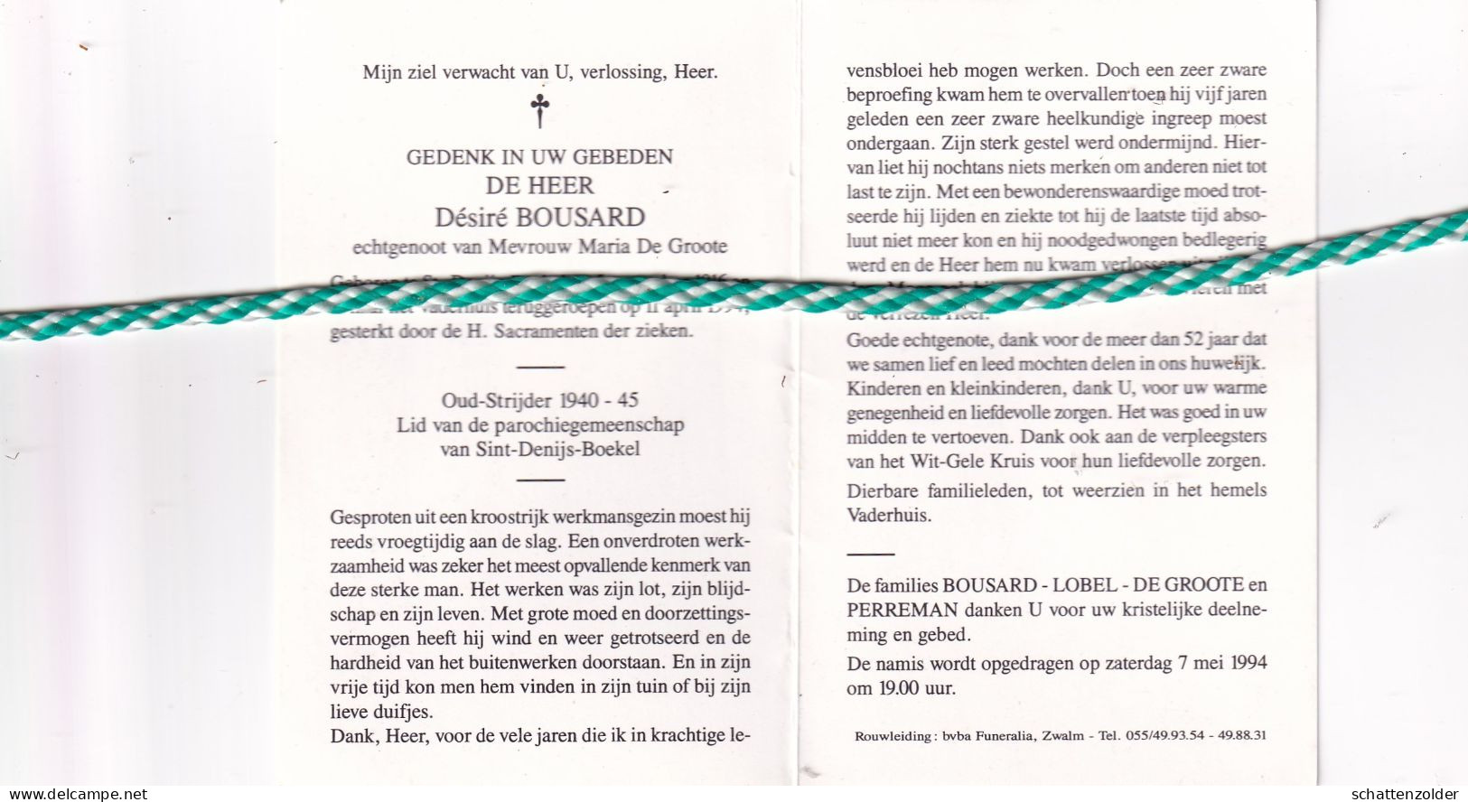 Desiré Bousard-De Groote, Sint-Denijs-Boekel 1916, 1994. Oud-strijder 40-45; Foto - Todesanzeige