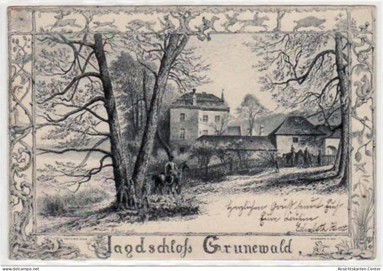 39043907 - Berlin Wilmersdorf, Grunewald, Federzeichnung Jagdschloss Gelaufen Von 1899. Albumabdruecke An Den Ecken Lei - Wilmersdorf