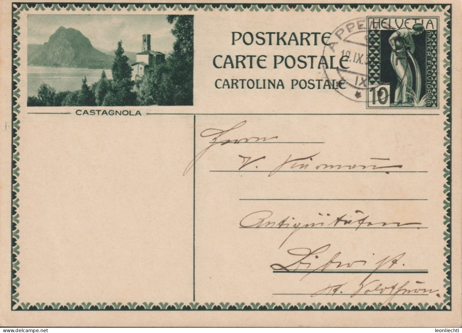1929  Ganzsache Postkarte, Zum:122-007, Wertstempel "Mater Fluviorum",  CASTAGNOLA ⵙ APPENZELL - Ganzsachen
