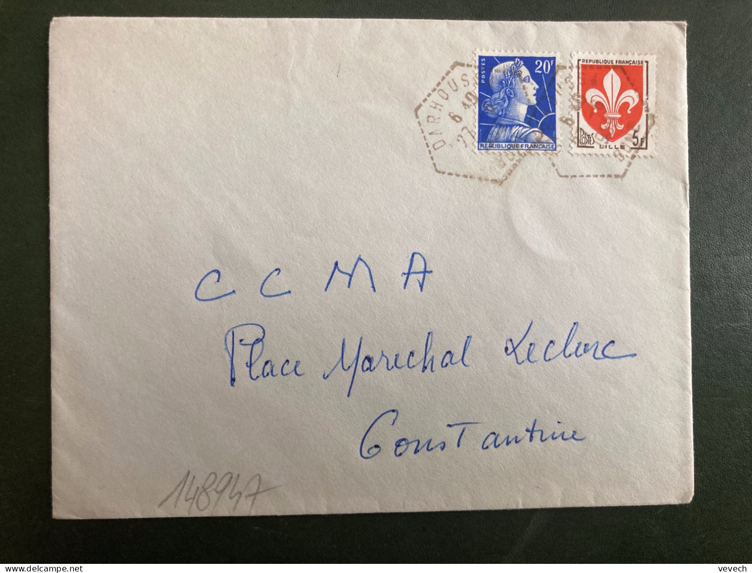 LETTRE TP M DE MULLER 20F + LILLE 5F OBL. HEXAGONALE Tiretée 27-6 1959 DARHOUSSA BONE - Manual Postmarks