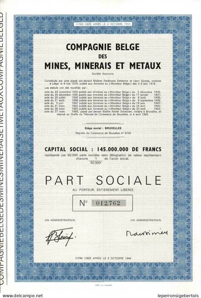 Titre De 1969 - COMPAGNIE BELGE DES MINES MINERAIS ET METAUX - N° 012.762 - EF - Mines