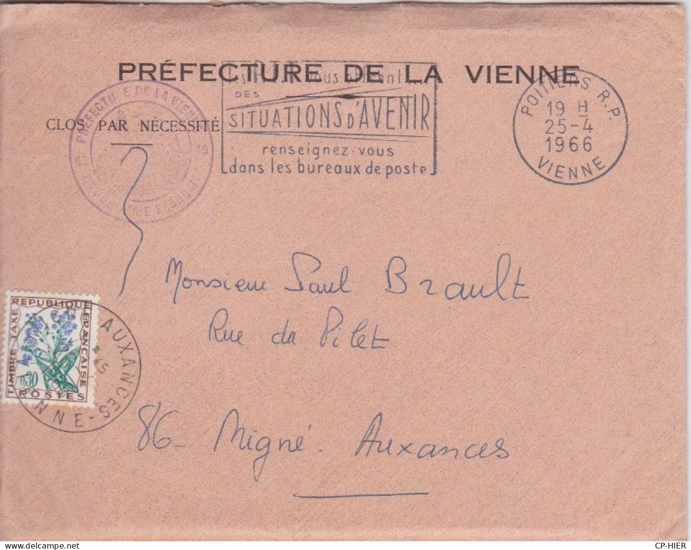 ENVELOPPE DE LA PREFECTURE DE LA VIENNE - TIMBRE TAXE + FLAMME SITUATIONS D'AVENIR BUREAUX DE POSTE - CACHET R.P. - 1961-....