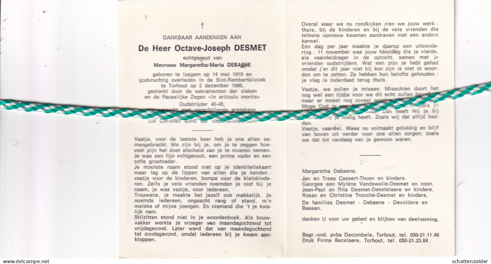 Octave Joseph Desmet-Debaene, Izegem 1919, Torhout 1986. Oud-strijder 40-45; Foto - Obituary Notices