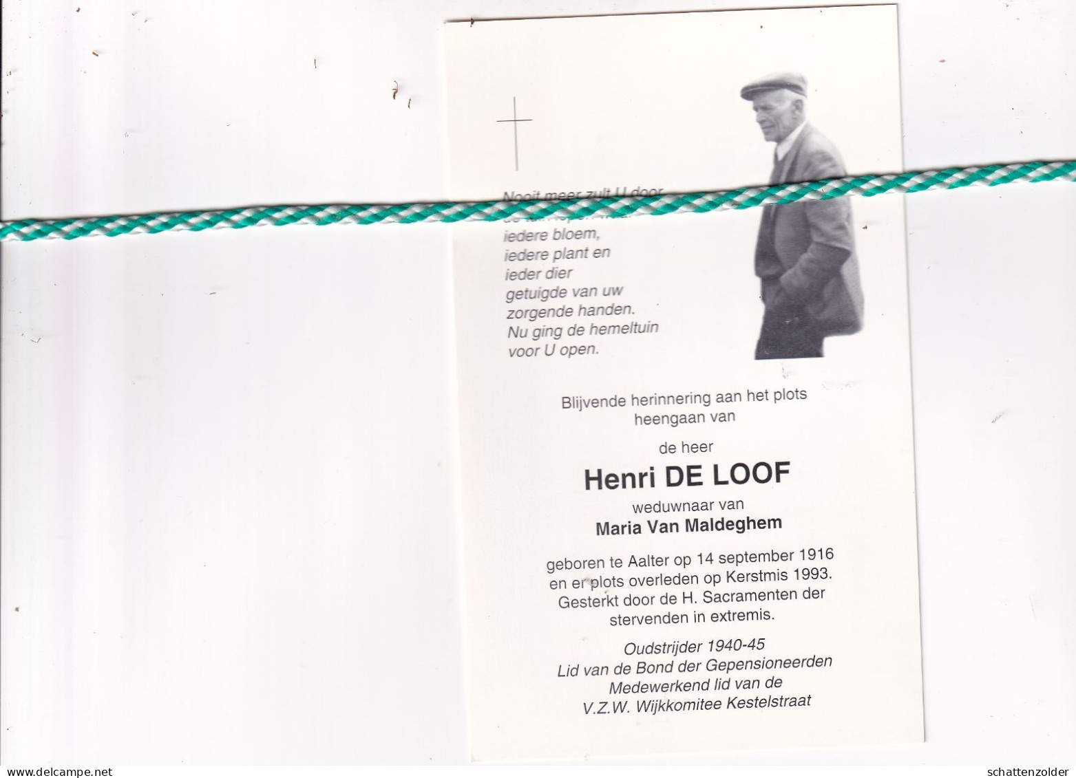Henri De Loof-Van Maldeghem, Aalter 1916, 1993. Oud-strijder 40-45; Foto - Obituary Notices