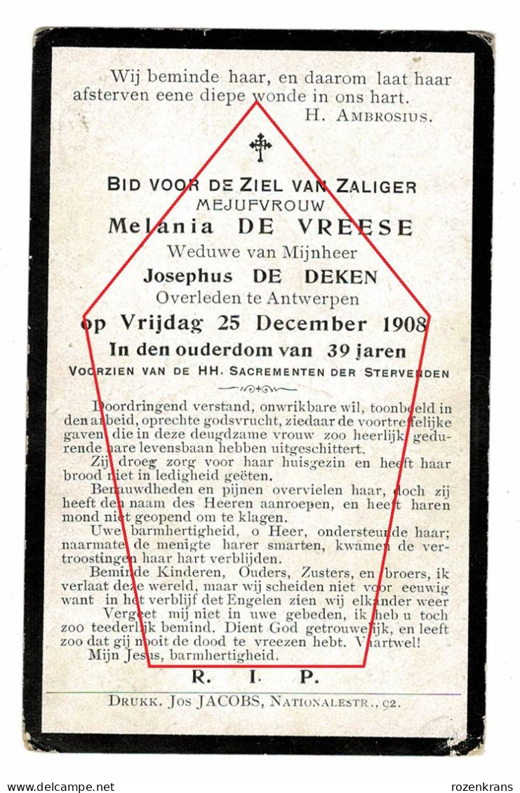 Melanie De Vreese Josephus De Deken Antwerpen 1908 Foto Photo Zeer Oud Bidprentje Doodsprentje - Obituary Notices