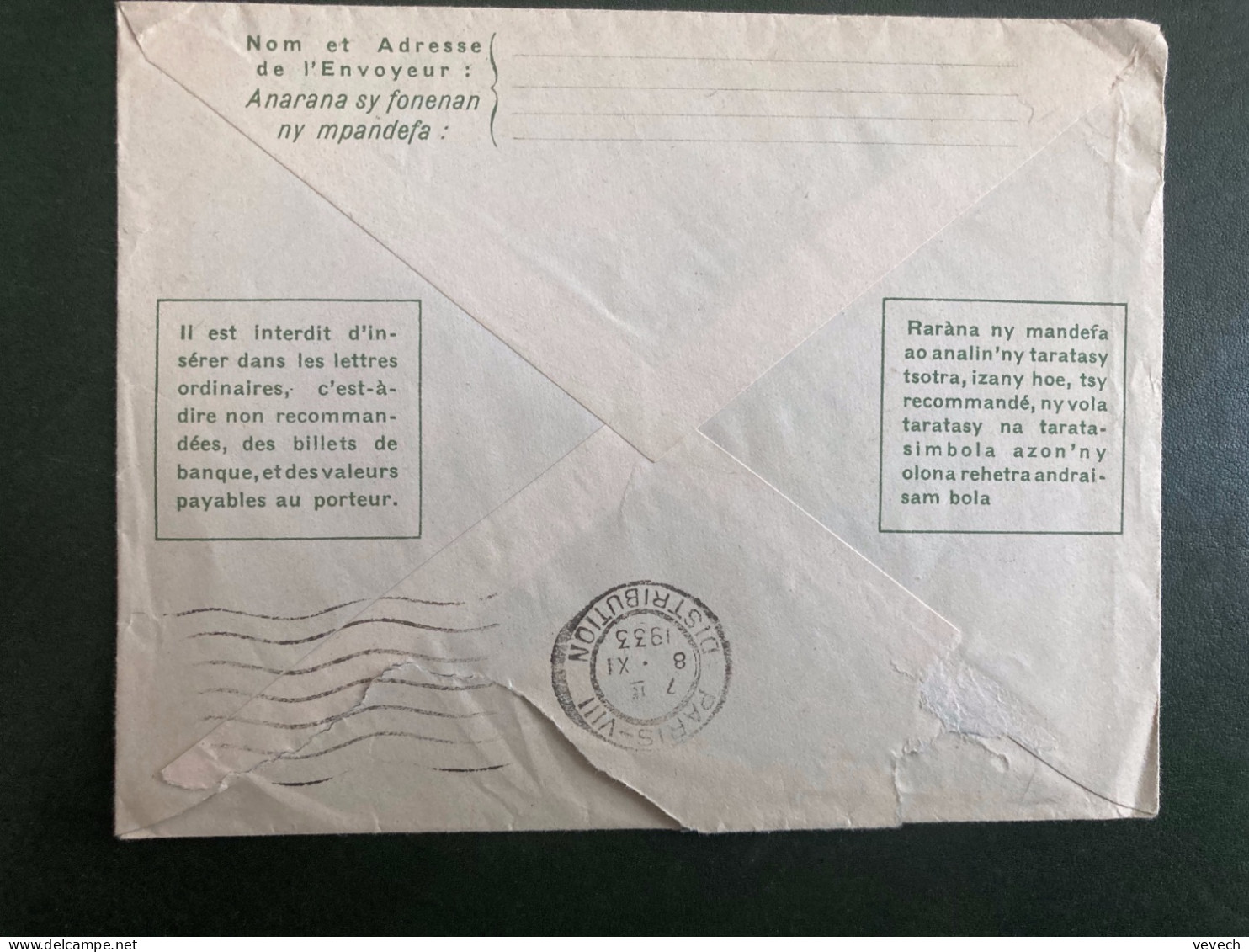 LETTRE TSF EP GALLIENI 50c OBL.8 OCT 33 DIEGO-SUAREZ Pour La FRANCE - Covers & Documents