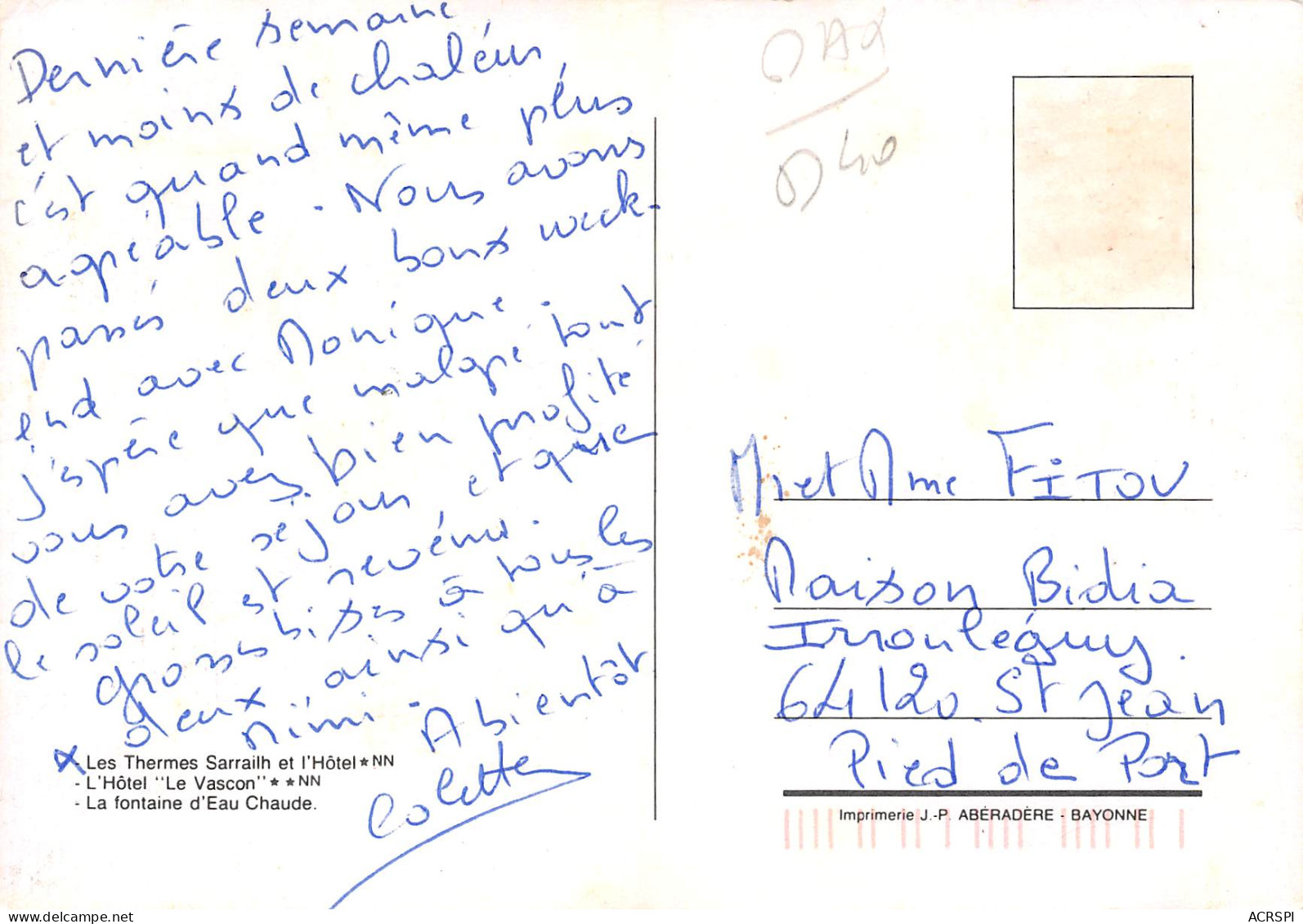 DAX  L'Hôtel Le Vascon, La Fontaine D'eau Chaude       22 (scan Recto Verso)MH2959 - Dax