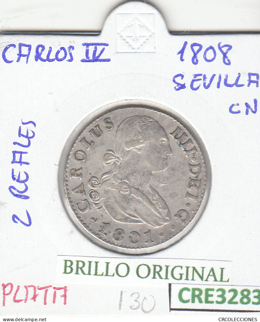 CRE3283 MONEDA ESPAÑA CARLOS IV 2 REALES 1808 SEVILLA BO PLATA MBC - Sonstige & Ohne Zuordnung