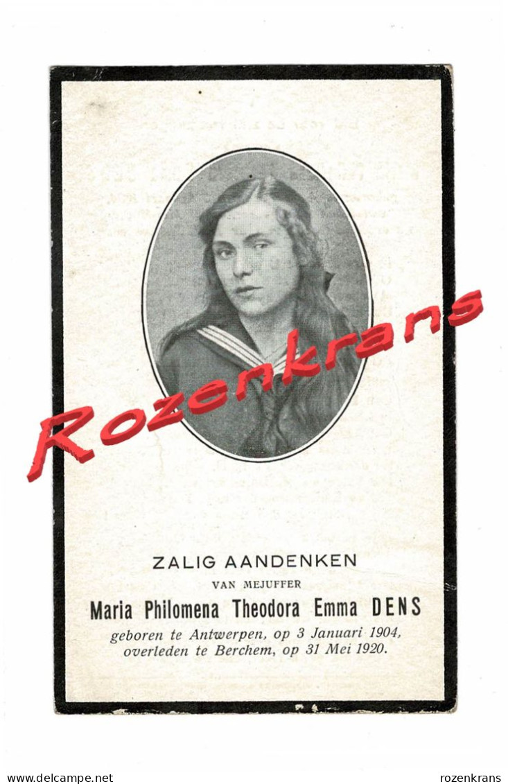 Maria Dens Antwerpen Berchem Mejuffer Jonge Vrouw 1920 Foto Photo Zeer Oud Bidprentje Doodsprentje - Todesanzeige