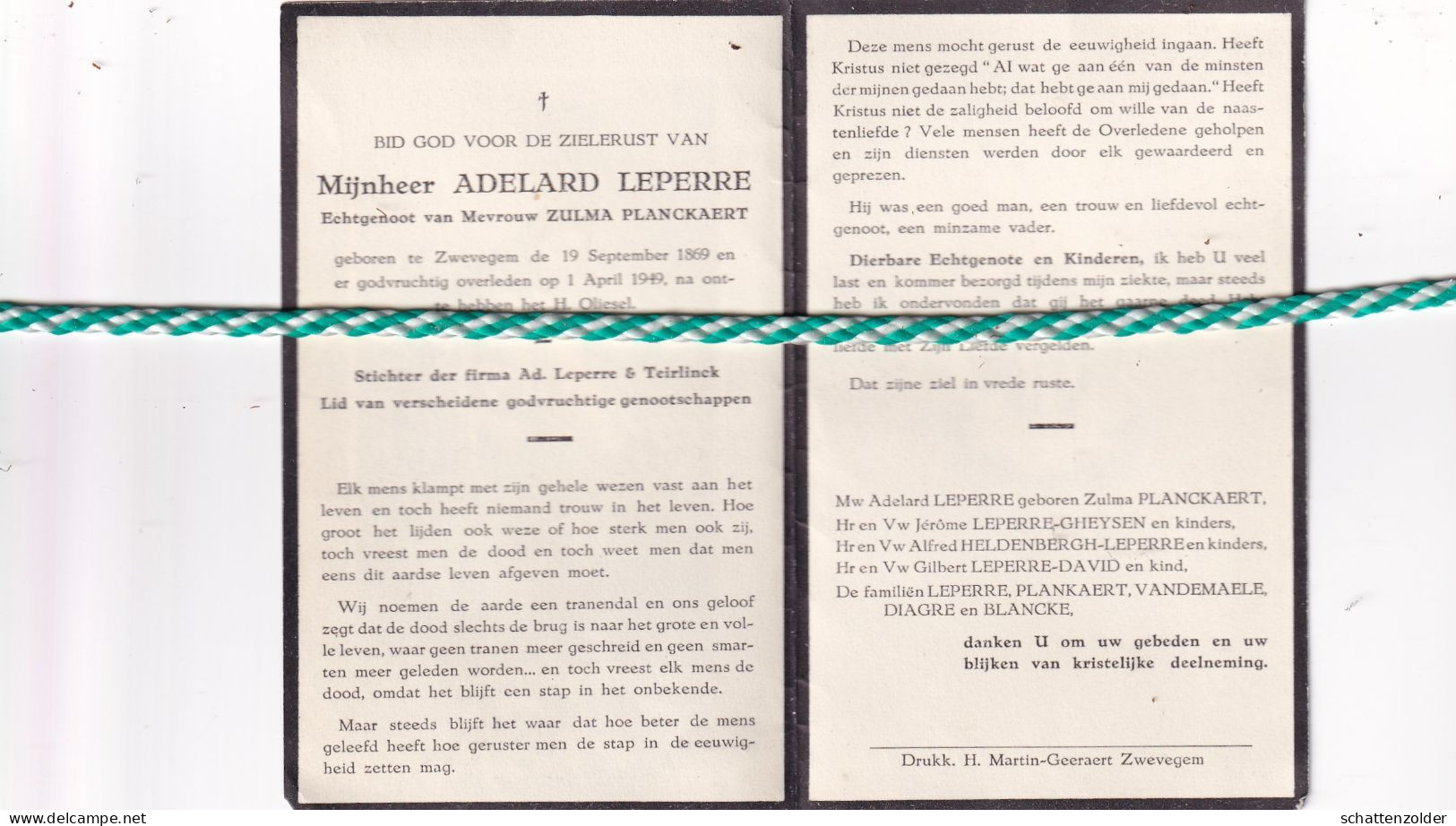 Adelhard Leperre-Planckaert, Zwevegem 1869, 1949. Stichter Firma Ad. Leperre En Teirlinck - Esquela