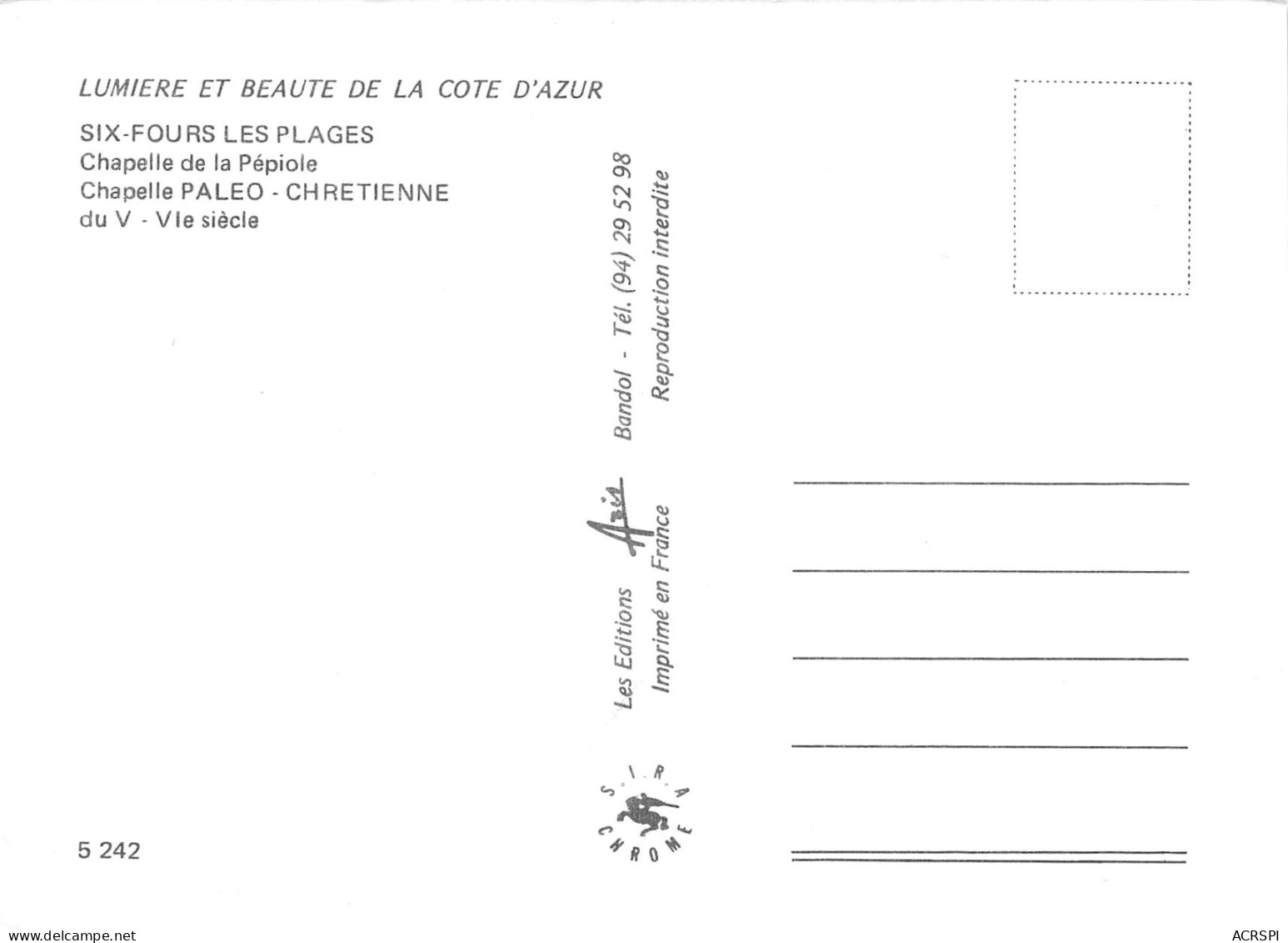 SIX-FOURS LES PLAGES Chapelle De La Pépiole V - VIe S    26 (scan Recto Verso)MH2985 - Six-Fours-les-Plages