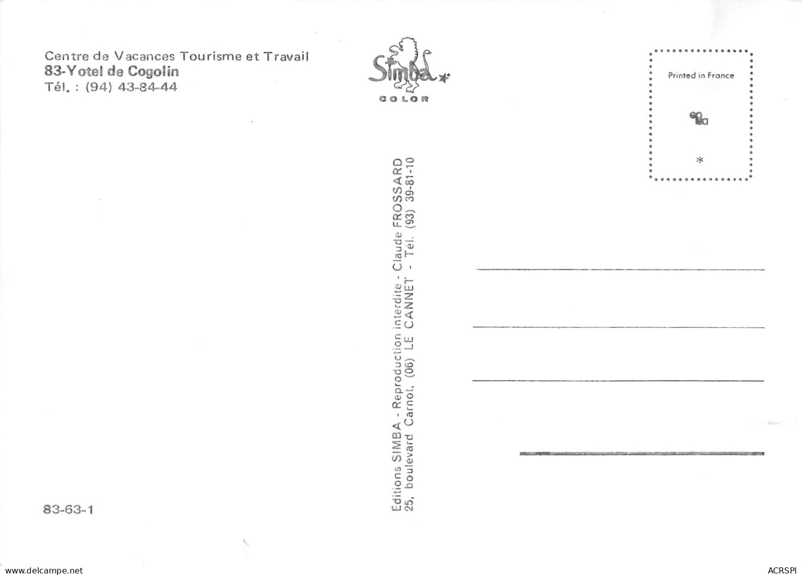 COGOLIN  Le Centre De Vacances Tourisme Et Travail YOTEL DE COGOLIN      49 (scan Recto Verso)MH2986 - Cogolin