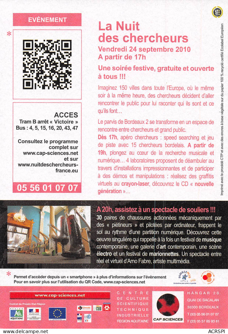 33 BORDEAUX Hangar 20 Quai De BACALAN La Nuit Des Chercheurs  PUB Publicité  47(scan Recto Verso)MH2990 - Publicité
