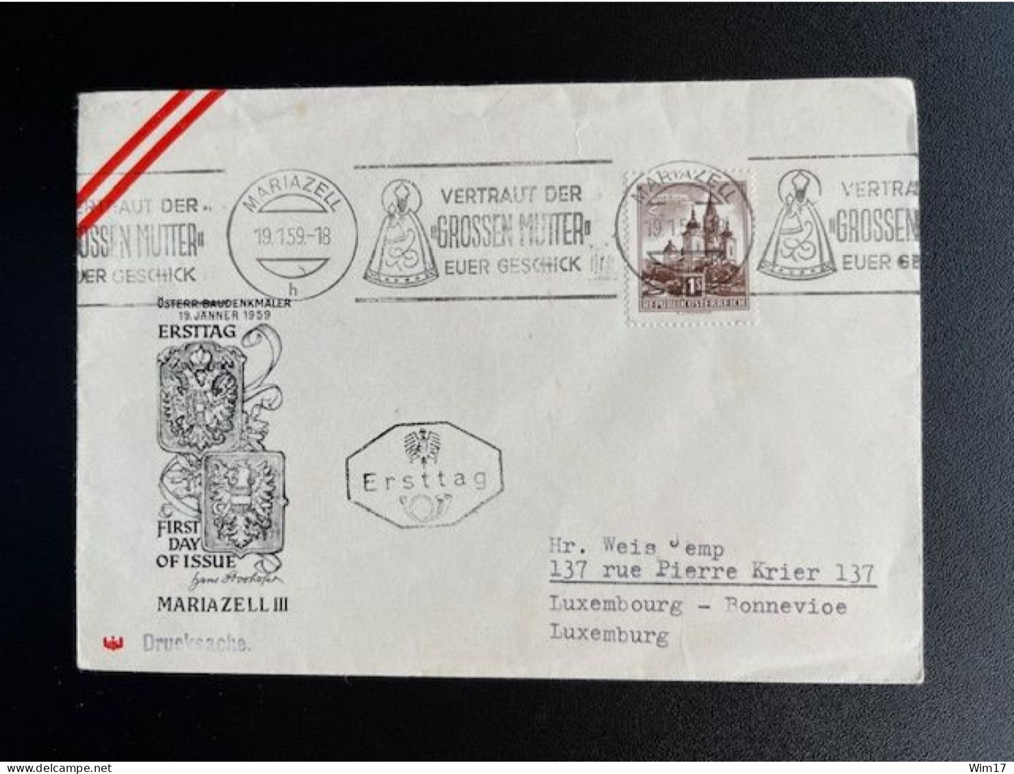AUSTRIA 1959 LETTER MARIAZELL TO LUXEMBOURG 19-01-1959 OOSTENRIJK OSTERREICH FDC - Covers & Documents