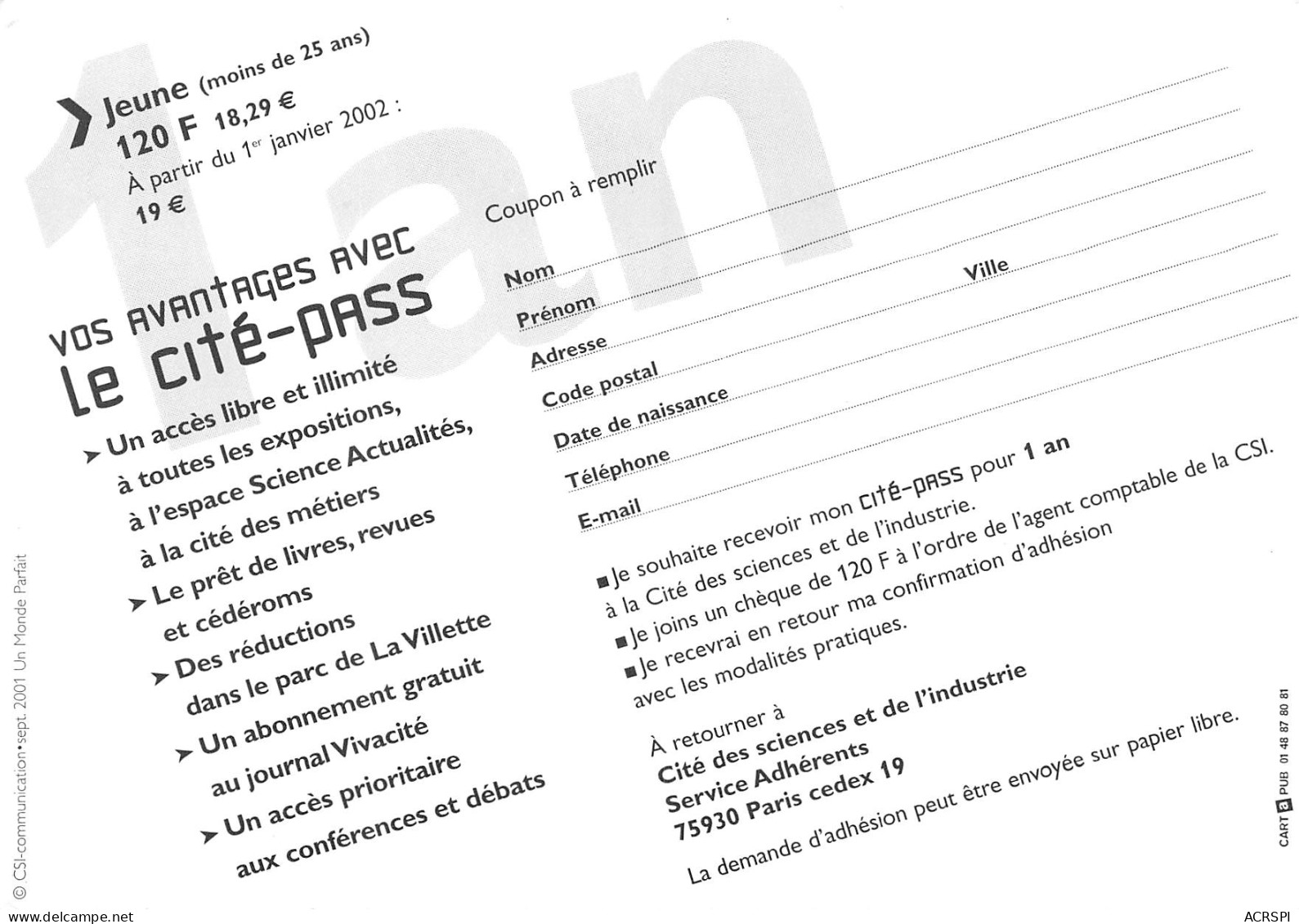 75 PARIS Cité Des Sciences Et De L'industrie Janvier 2002 Cité PASS  PUB Publicité    48 (scan Recto Verso)MH2997 - Advertising