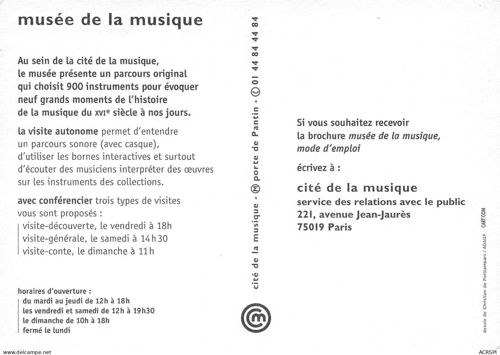 75 PARIS 221 Av Jean JAURES La Cité De La Musique PUB Publicité   53 (scan Recto Verso)MH2997 - Werbepostkarten
