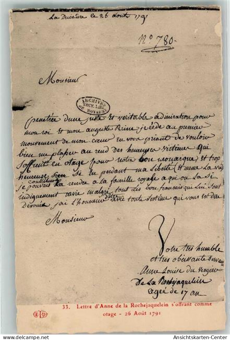 39432407 - Nr. 33  Lettre D`Anne De La Rochejaquelein Offrant Comme Otage Anno 1791 Politik - Altri & Non Classificati