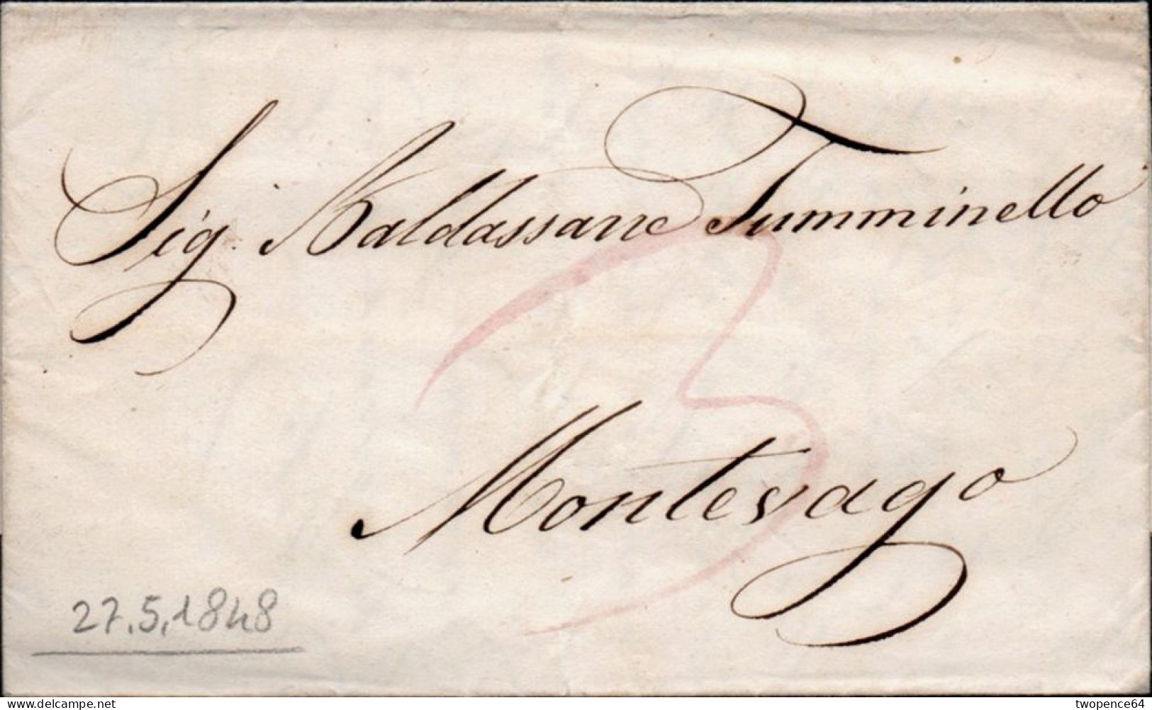 B57 - LETTERA PREFILATELICA DA PALERMO A MONTEVAGO 1848 - 1. ...-1850 Vorphilatelie