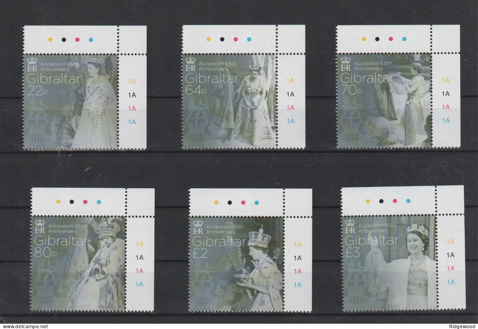 Gibraltar - 2017 Queen Elizabeth II Accession 65th Anniversary Cyl Marginal Set - MNH - Gibraltar