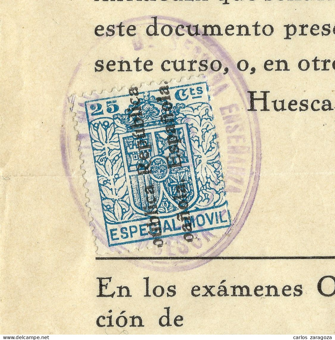 ESPAÑA 1933 República—Timbre Fiscal ESPECIAL MOVIL 25c HABILITADO—Boletín Instituto - Fiscali