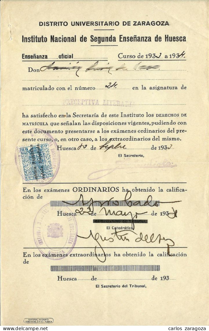ESPAÑA 1933 República—Timbre Fiscal ESPECIAL MOVIL 25c HABILITADO—Boletín Instituto - Fiscali