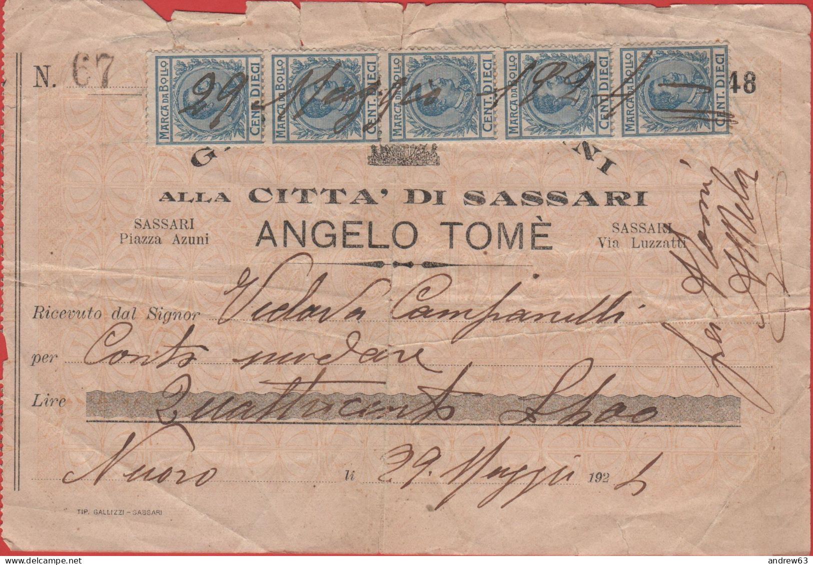 ITALIA - 1924 - Ricevuta Con 5 Marche Da Bollo Da 10c - Angelo Tomè - Sassari - Italie