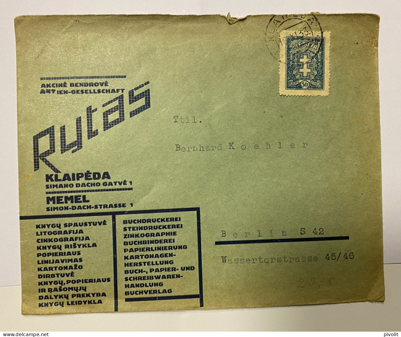 1933 RARE KLAIPĖDA MEMEL COMERCIAL ENVELOPE LITHUANIA  SPAUSTUVĖ RYTAS - Lituanie