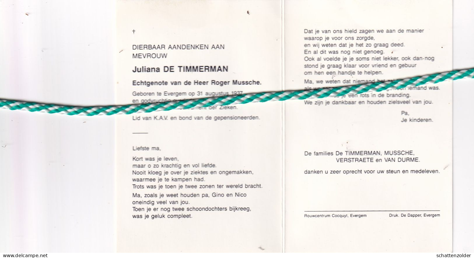 Juliana De Timmerman-Mussche, Evergem 1937, Gent 1993. Foto - Todesanzeige