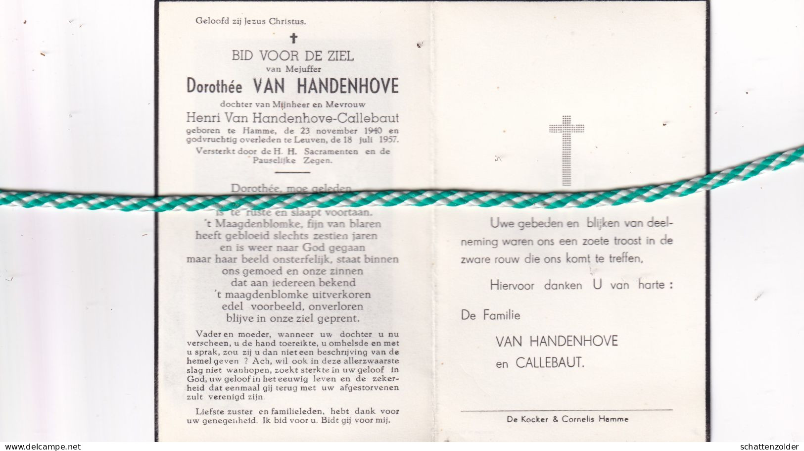 Dorothée Van Handenhove-Callebaut, Hamme 1940, Leuven 1957 - Todesanzeige