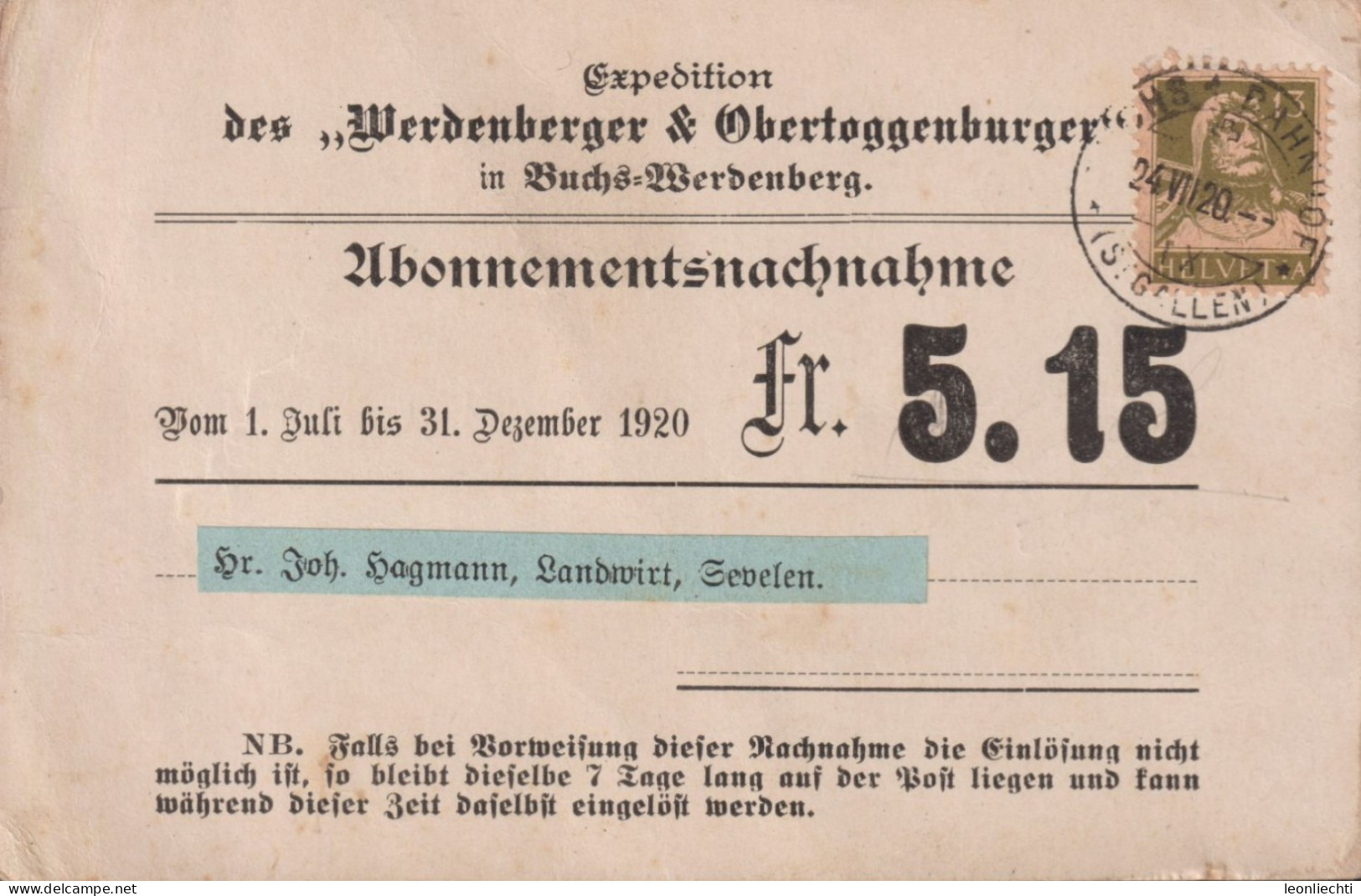 1920 Abonnementsnachnahme Zum: 139, Werdenberger & Obertoggenburger - Lettres & Documents